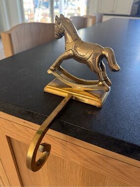 Vintage Solid Brass HEAVY 3D Stocking Holder Rocking Horse